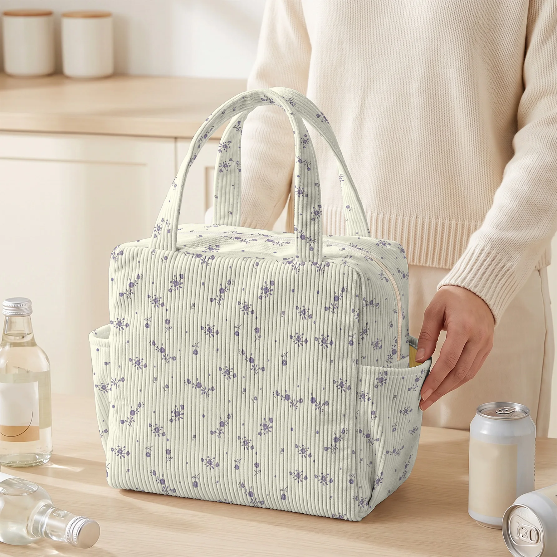 Corduroy Cream Purple Floral Print Insulated Lunch Bag Handheld Thermal Bento Bag with Side Pocket for Work Outdoor