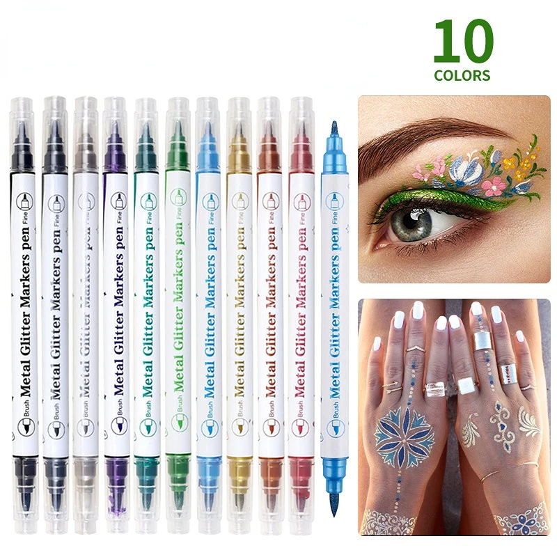

10 Colors Temporary Skin Tattoo Pen Metal Colorful Double Head Nail Tattoo Painting Skin Marker Pen Long-Lasting Colors