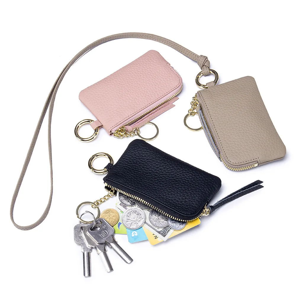 Genuine Leather Mini ID Card Bag Halter Neck Lanyard Multi-functional Soft Coin Purse Wallet With Key Ring Bags For Men Women.