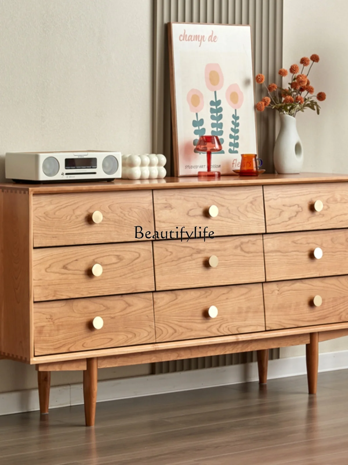 Nordic all-solid wood nine-chest cabinet, bedroom storage, cherry wood simple log storage side cabinet