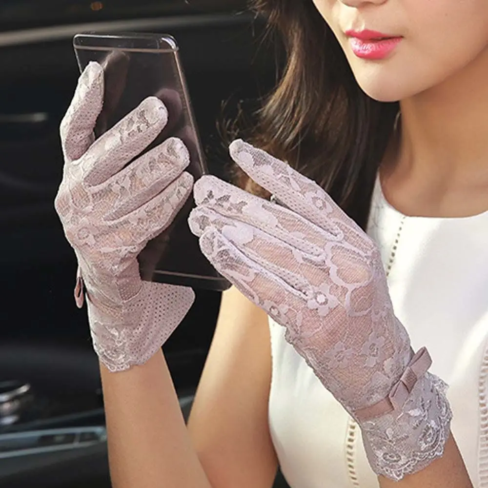 Mitaines à écran tactile en dentelle pour femmes, gants fins, poignet résistant au soleil, nœud à la mode, conduite d'été, fête, 5 doigts