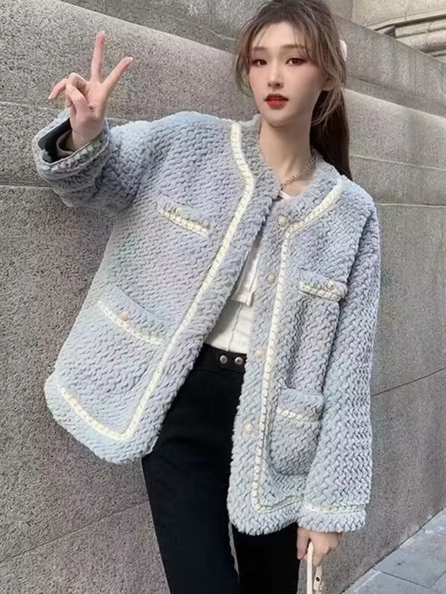 เสื้อแจ็คเก็ตขนแกะบุผ้าฝ้ายเทียน เอ็ด ทรงหลวมสำหรับผู้หญิง ฤดูใบไม้ร่วง ฤดูหนาว รุ่นใหม่ สไตล์ฝรั่งเศส แฟชั่นเสื้อคลุม