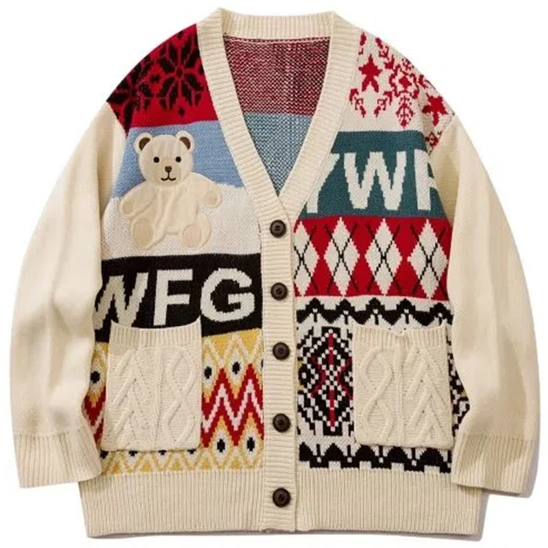 Bear Embroidery Cardigan Sweater For Men 2023 Winter Japanese Style Cartoon Hip Hop Loose Women Knitwear Coats Vintage Cardigans