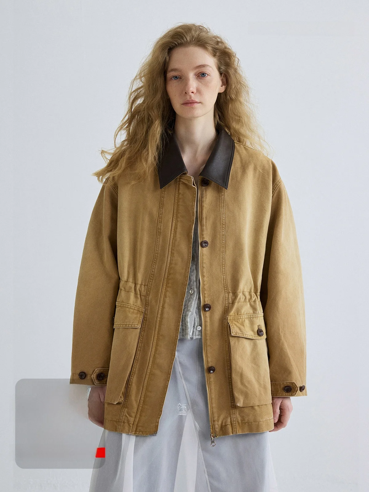 

Nice People 2026SS Women's Cotton Workwear Jaet Heavyweight Enzyme Waed Patchwork Leather Workwear Coat Long Sve Zippe...