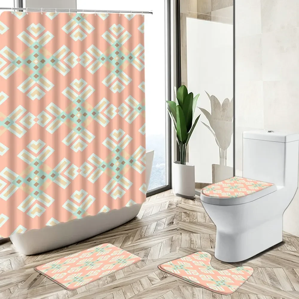 Modern Geometric Shower Curtain Abstract Pattern Kid Bathroom Set Pink Yellow Green Design Non-Slip Carpet Toilet Cover Foot Mat