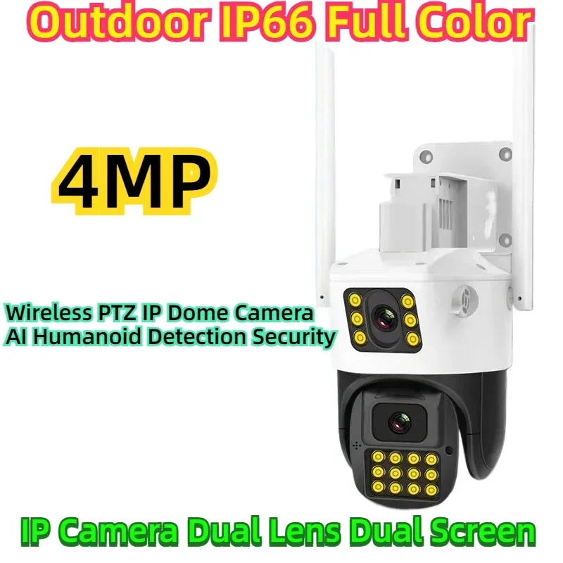 Draadloze PTZ IP Dome Camera AI Humanoïde Detectie Beveiliging 4MP IP Camera Dual Lens Dual Screen Outdoor IP66 Full Color