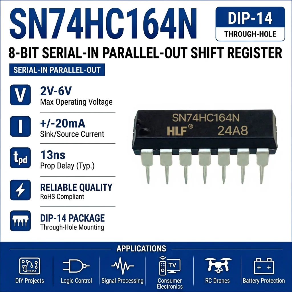 (25 pcs) SN74HC164N DIP-14 / SN74HC164DR SOP-14 SN74HC164 8-Bit Serial-In Parallel-Out Shift Register