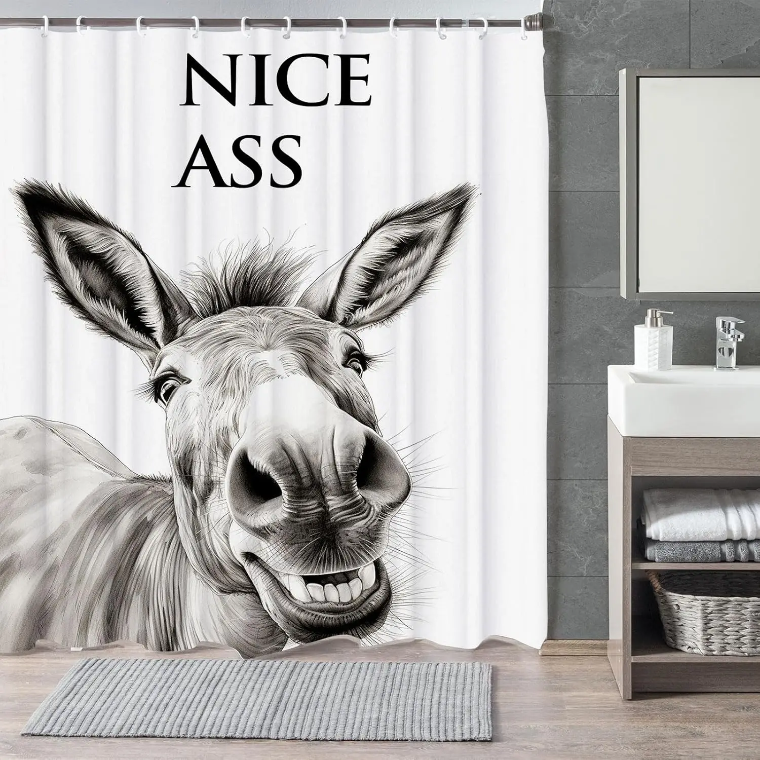 Funny Donkey Shower Curtain with Nice Ass Text Humor Art for Bathroom Decor