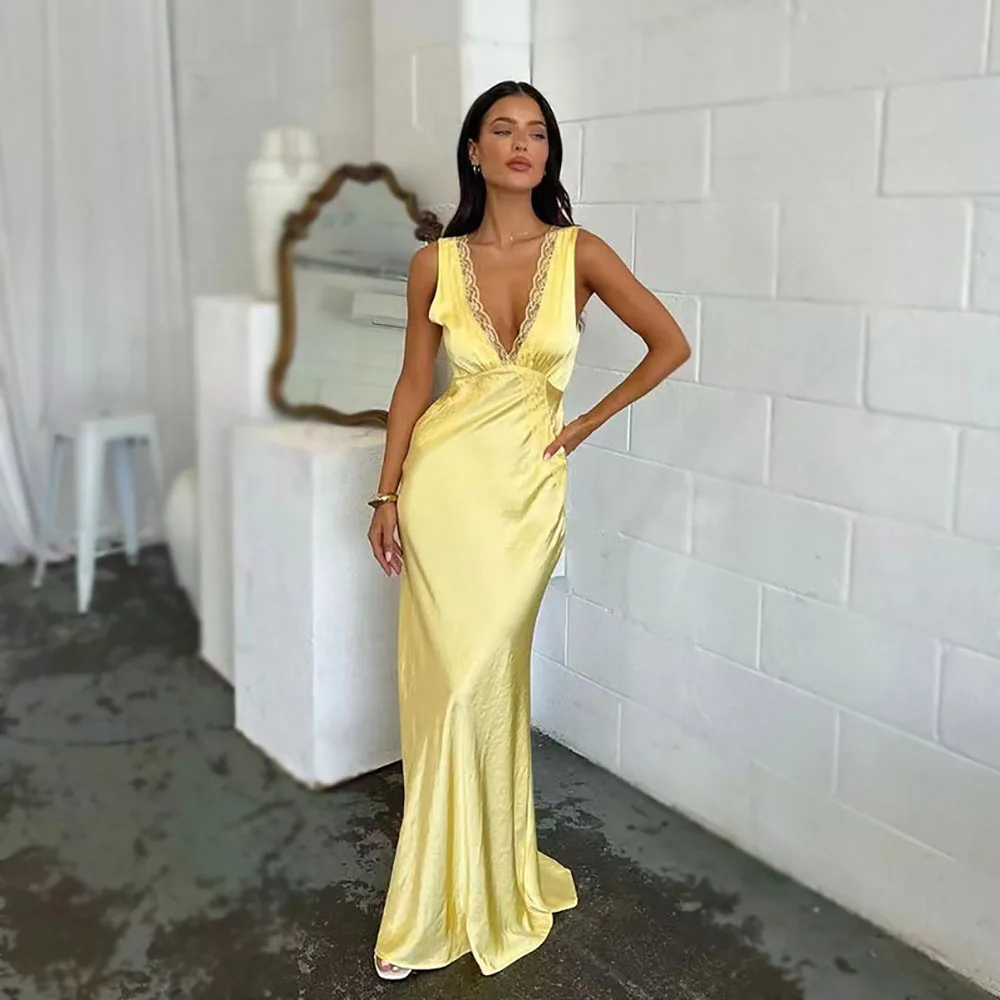 

Yellow Evening Dresses For Wedding Party Brides Lace V Nack Simple Mermaid Prom Dresses Backless Party Gowns