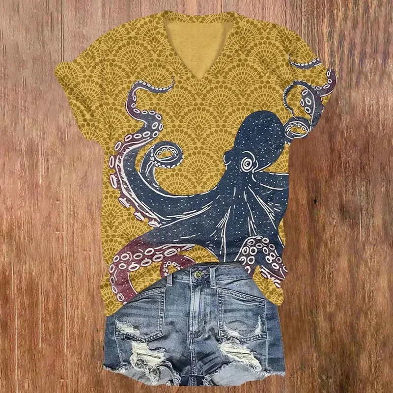 Japanese Octopus Geometry Print Short Sleeved V-neck T-shirt Summer Women's T Shirts
