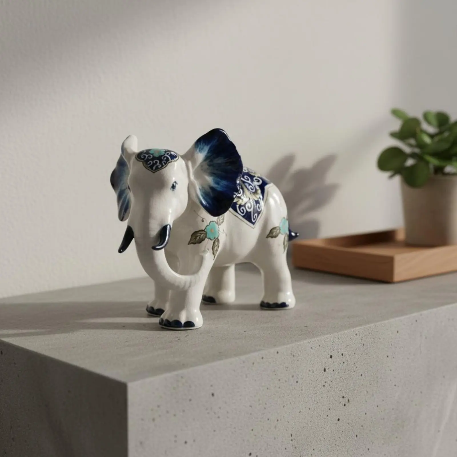 

2 Pieces Blue and White Elephant Ornament Chinese Design Ceramic Elephant Figurine Decorative Hand-Painted for Desk
