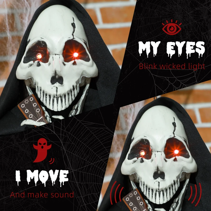 HOMCOM 4.3' Decorazione per Halloween all'aperto Gioco di chitarra animatronico Grim Reaper, oggetto animato attivato dal suono e dal movimento con L