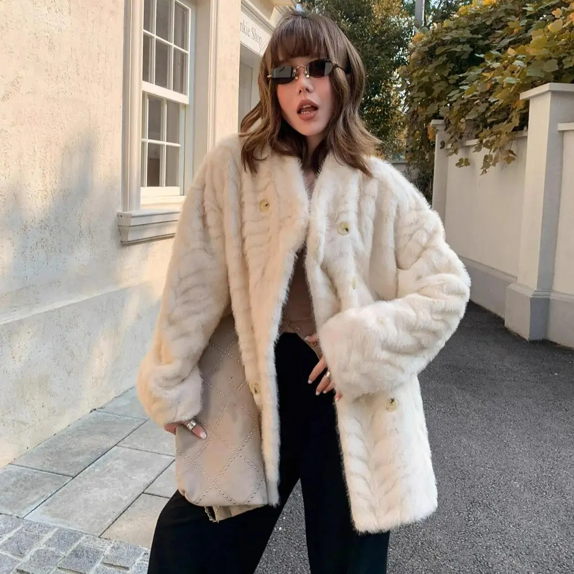 Nowy zimowy płaszcz z imitacji futra norek z wzorem falowym, elegancki, damski, dwurzędowy, zapinany na guziki, z długim rękawem, średniej długości, ciepły.