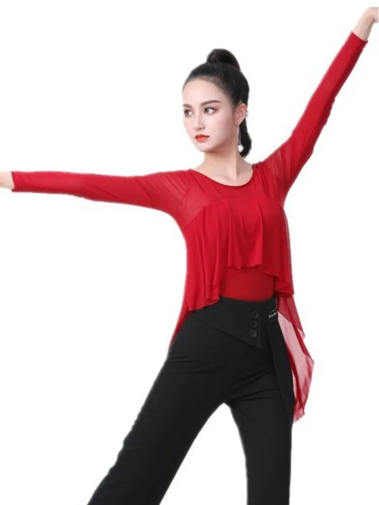 Mesh Ballroom Modern Dance Ballet Clothes Classical Costume Elegant Street Belly Party Tops Events Practice Ruffle Wear Jazz