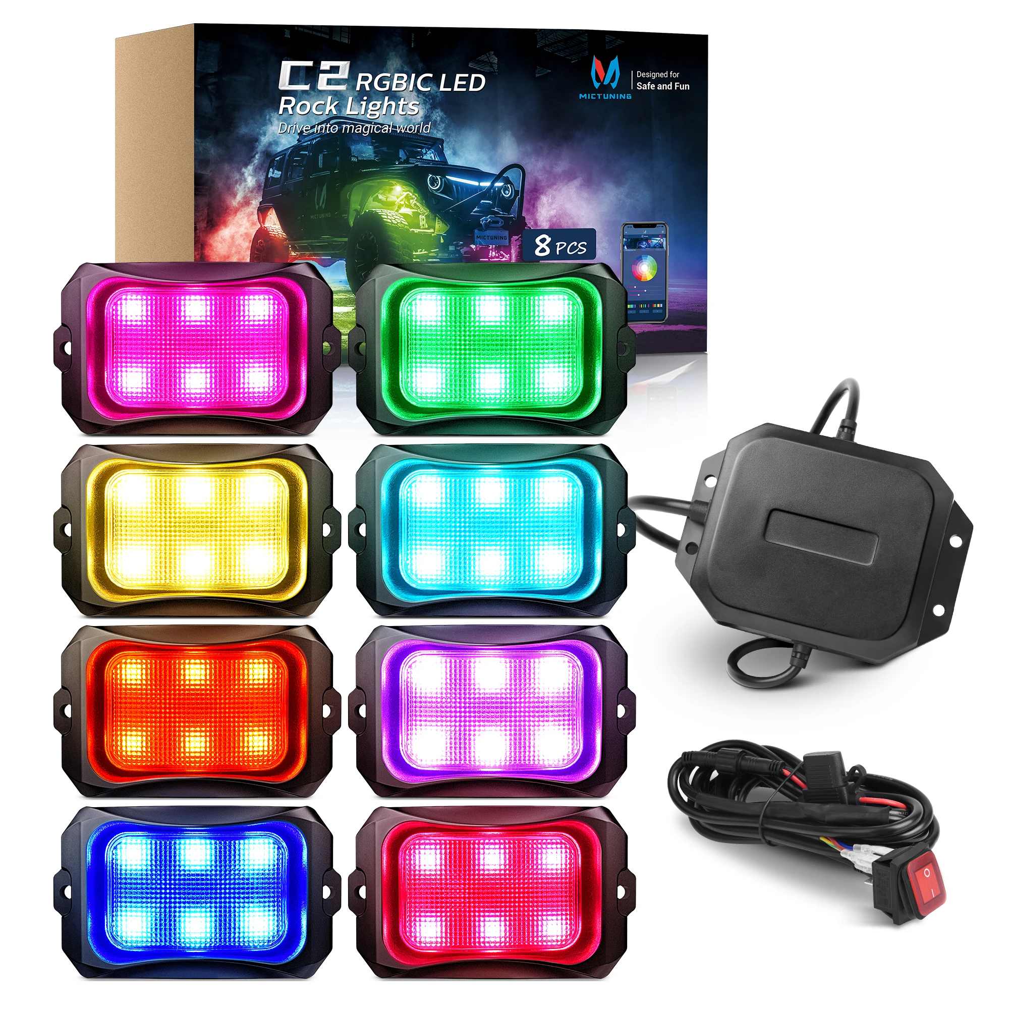 MICTUNING C2 RGBIC LED Rock Lights Kit, Automotive chassis lights,Waterproof with Wireless APP Control Universl Underlight