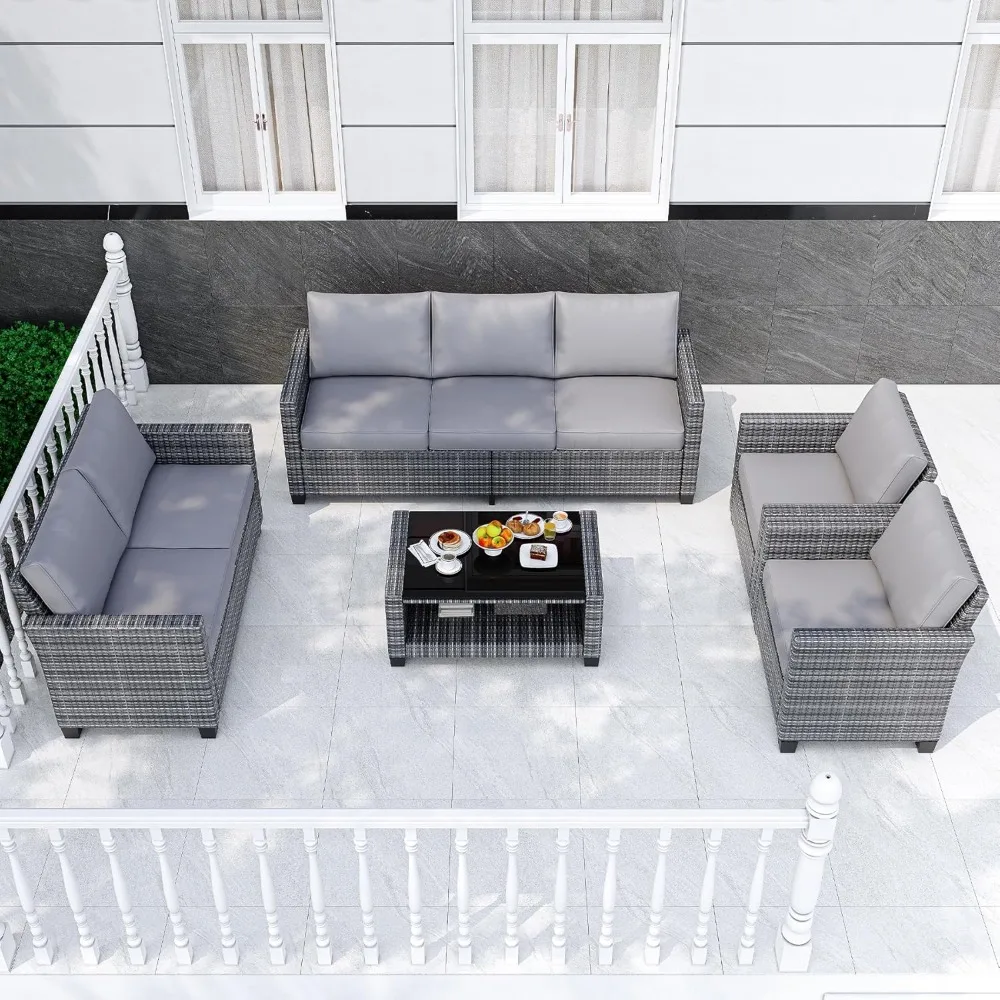 

5-Piece Outdoor Patio Furniture Sets, 7 Seat PE Rattan Furniture Sectional Sofa Set with Storage Table, Patio Conversation Sets