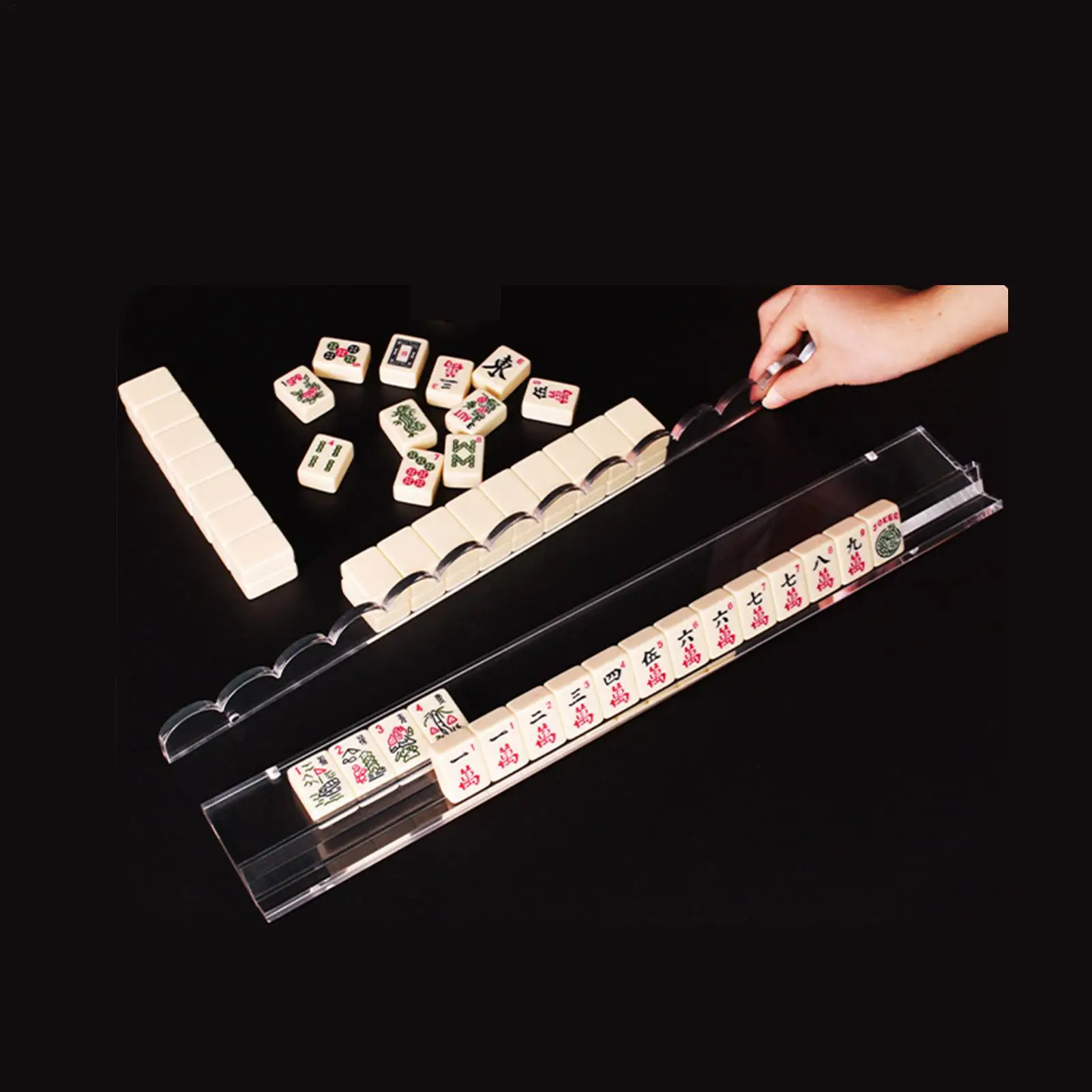 Estante para fichas de Mahjong, estante acrílico portátil de montaje rápido, estante transparente para Mahjong con empujador magnético para jugadores, personas mayores, aficionados, sala de juegos