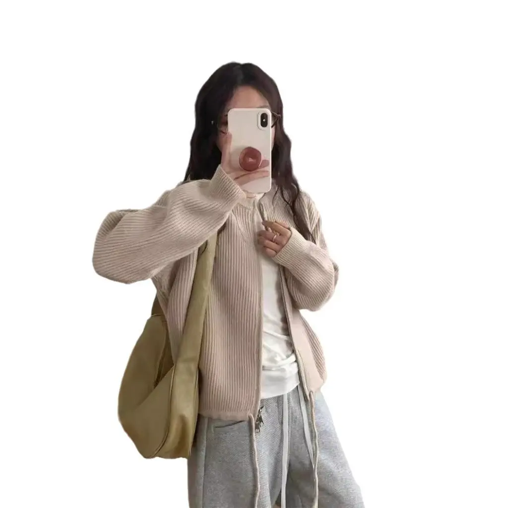 

Women's Drawstring Hooded Cardigan Long Sleeve Lazy Style Casual Crewneck Zipper Jacket Simple Retro Loose Fit