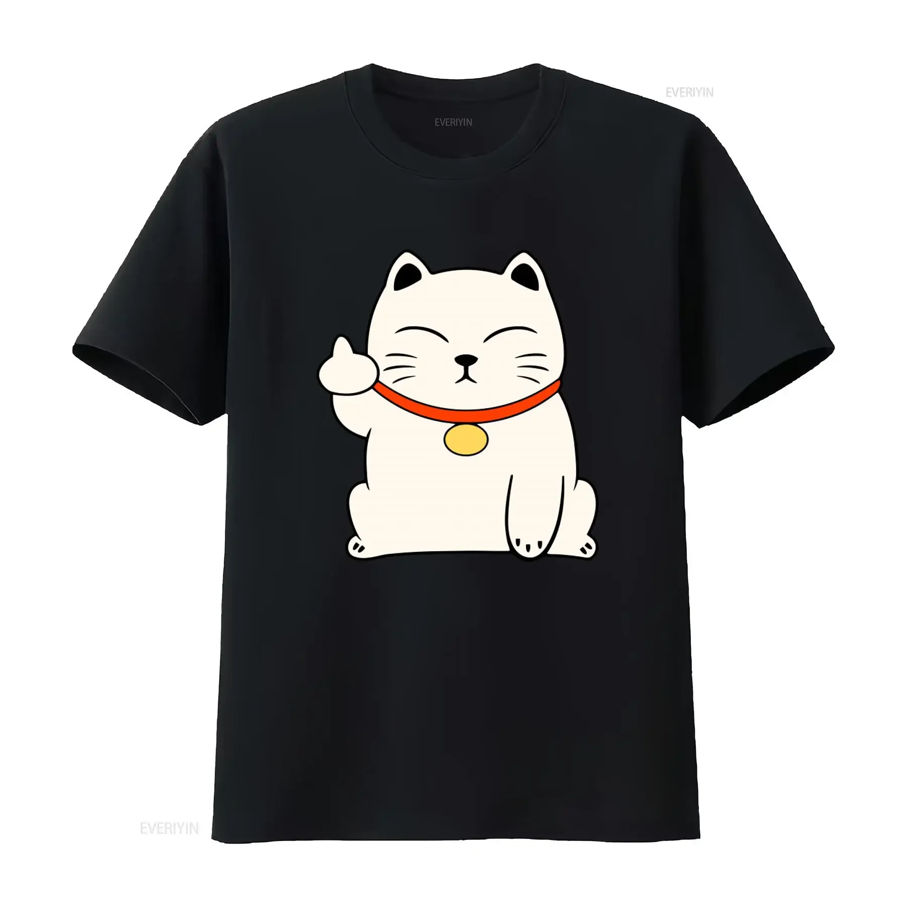 Maneki Neko Cat T Shirt Japanese Cute Kawaii Lucky Design with Funny Middle Finger Wish Me Luck vintage Washed streetwear