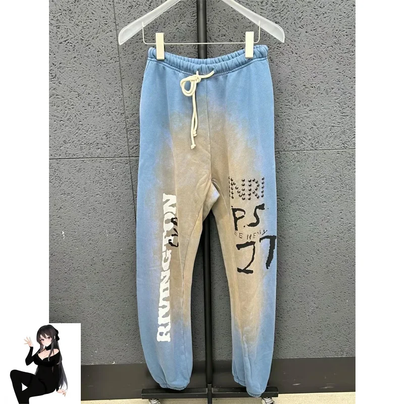 Vintage Wash RRR123 Sweatpants Letter Print Embroidery Diamond Track Pants Men Women Black Blue Drawstring Loose Jogger Trousers