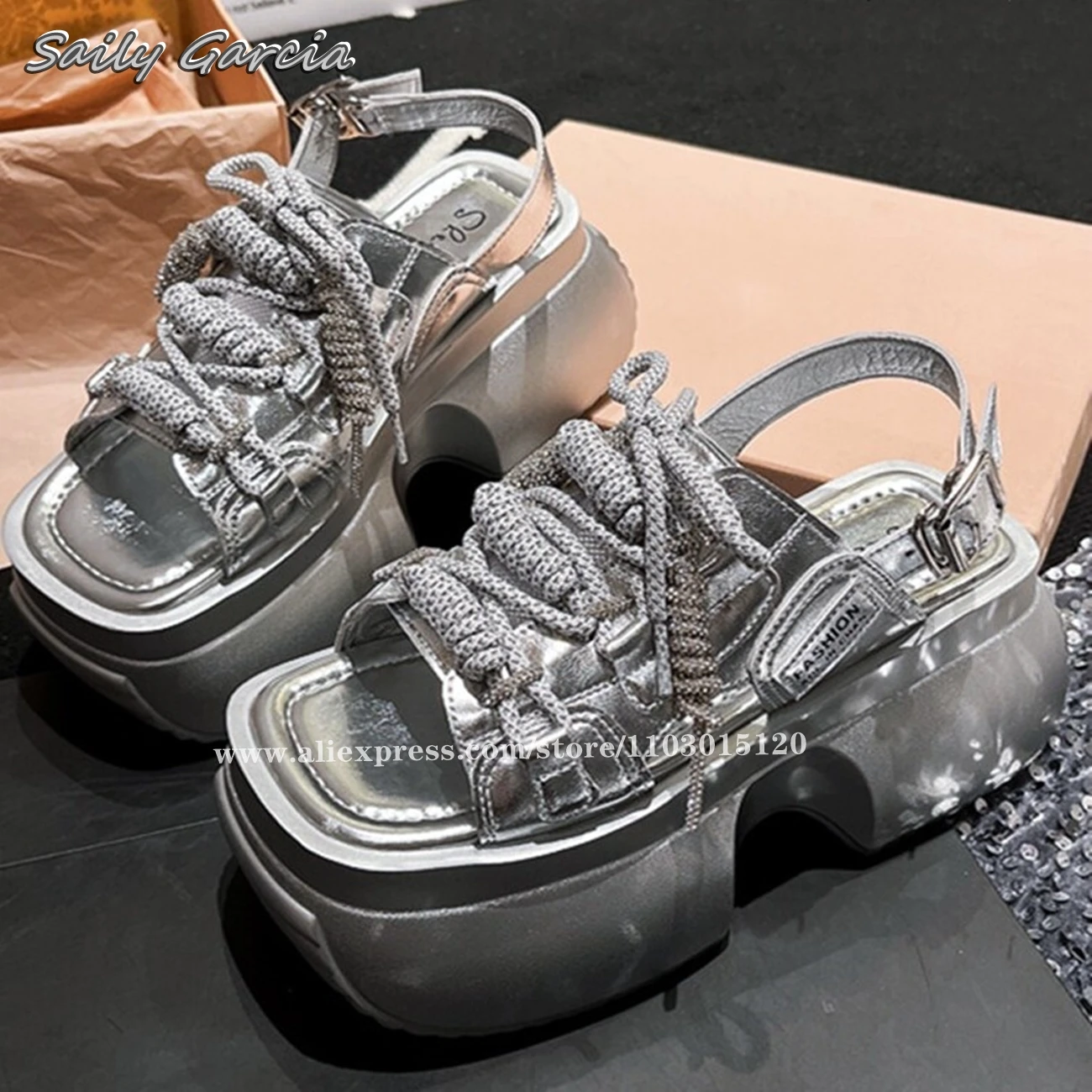 

Genuine Leather Chunky Heel Buckle Strap Sandals 2024 Summer NEW All-Match Casual Shoes Silver Hemp Rope Braiding Beach Shoes