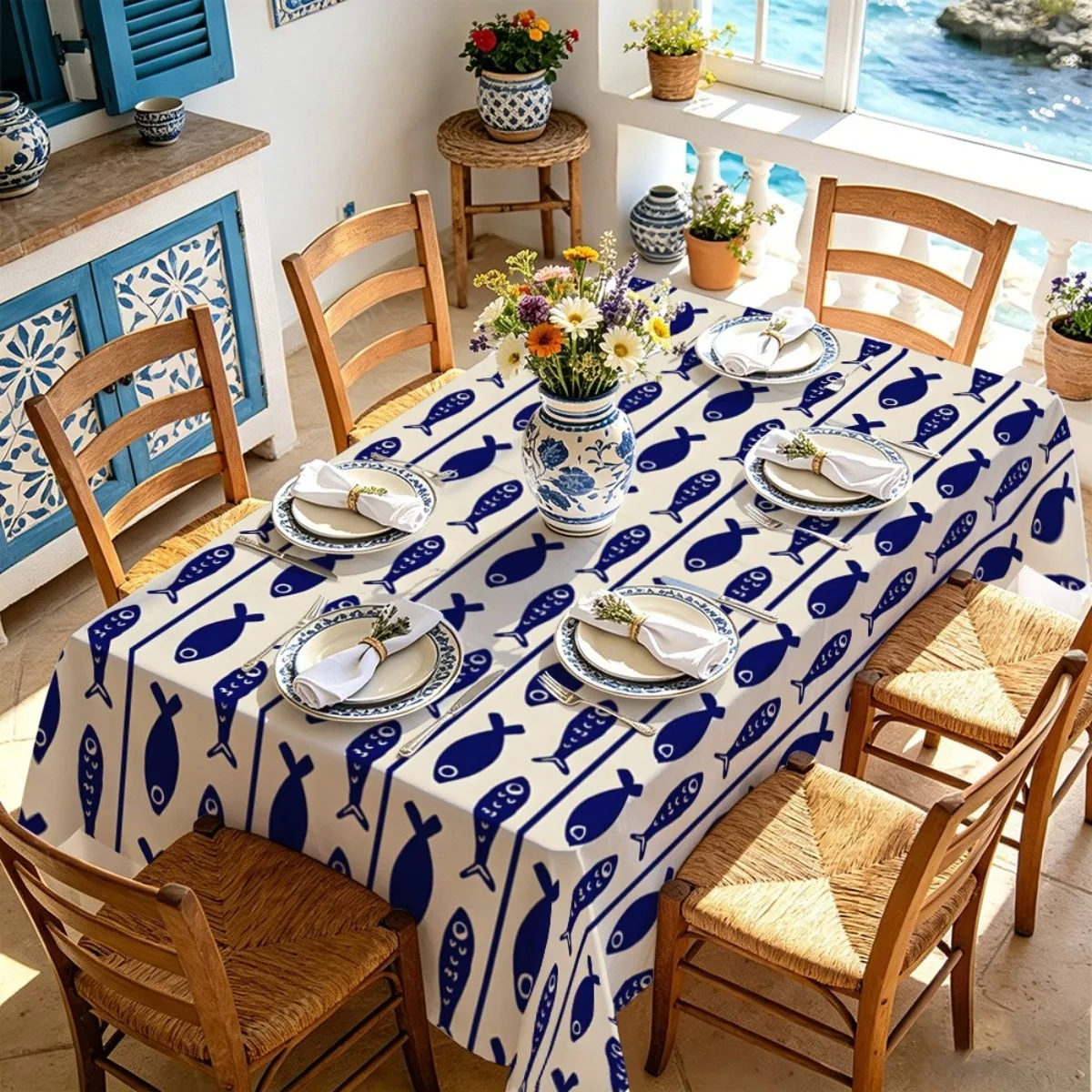 Blue White Fish Print Tablecloth Polyester Nautical Coastal Ocean Dining Table Linen Summer Decor Beach Seaside Pattern Kitchen