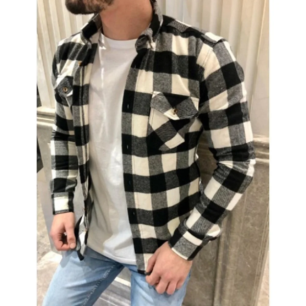 Spring And Autumn New Hot Selling All Matching Slim Long Sleeve Shirt Autumn Cotton Woolen Chaoyang Grid Men\'s Color Shirt