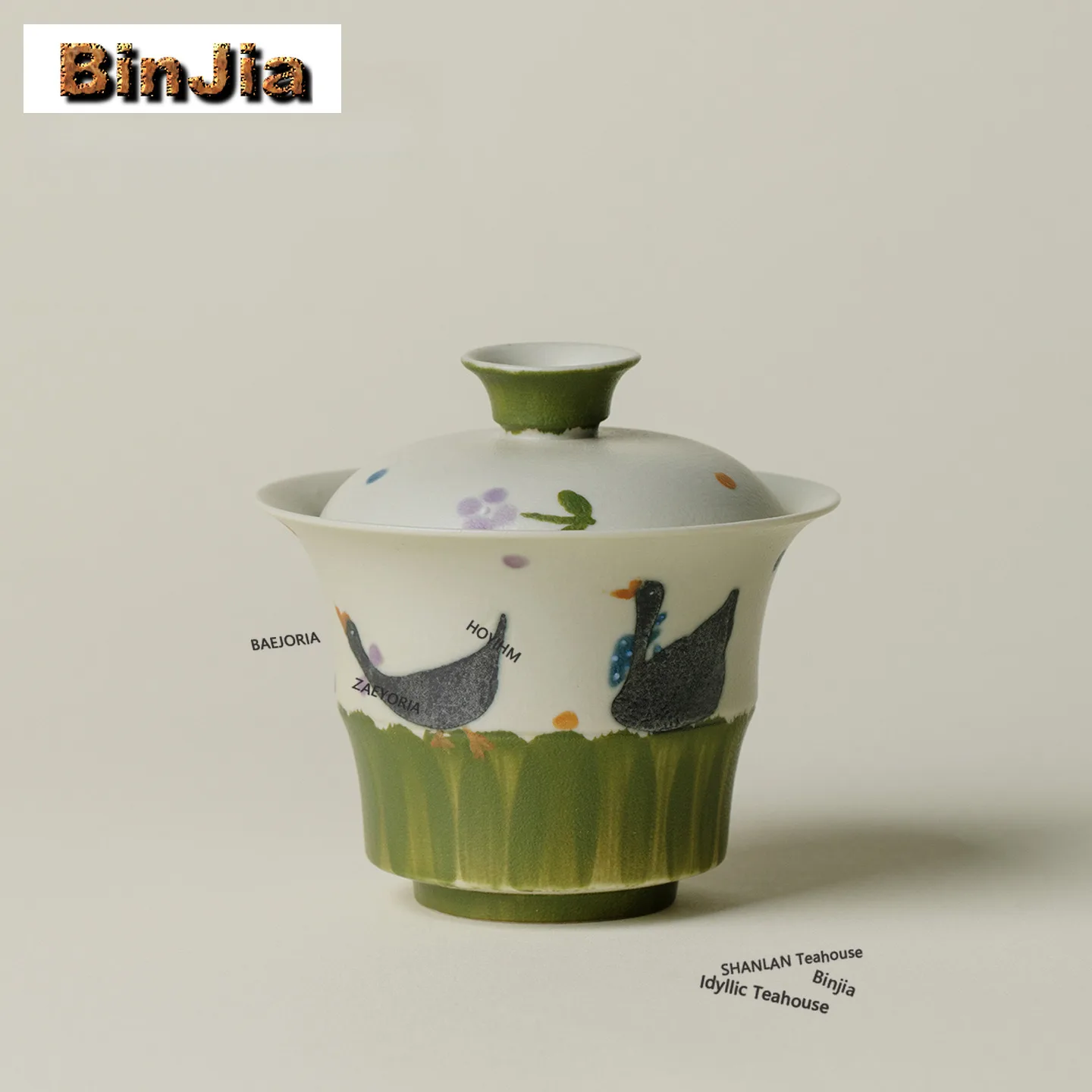 BAEJORIA 120ml Green Goose By The Pond Gaiwan Antique Tea Tureen Tea Bowl With Lid Kit Tea Maker Cover Bowl Tableware Craft Gift