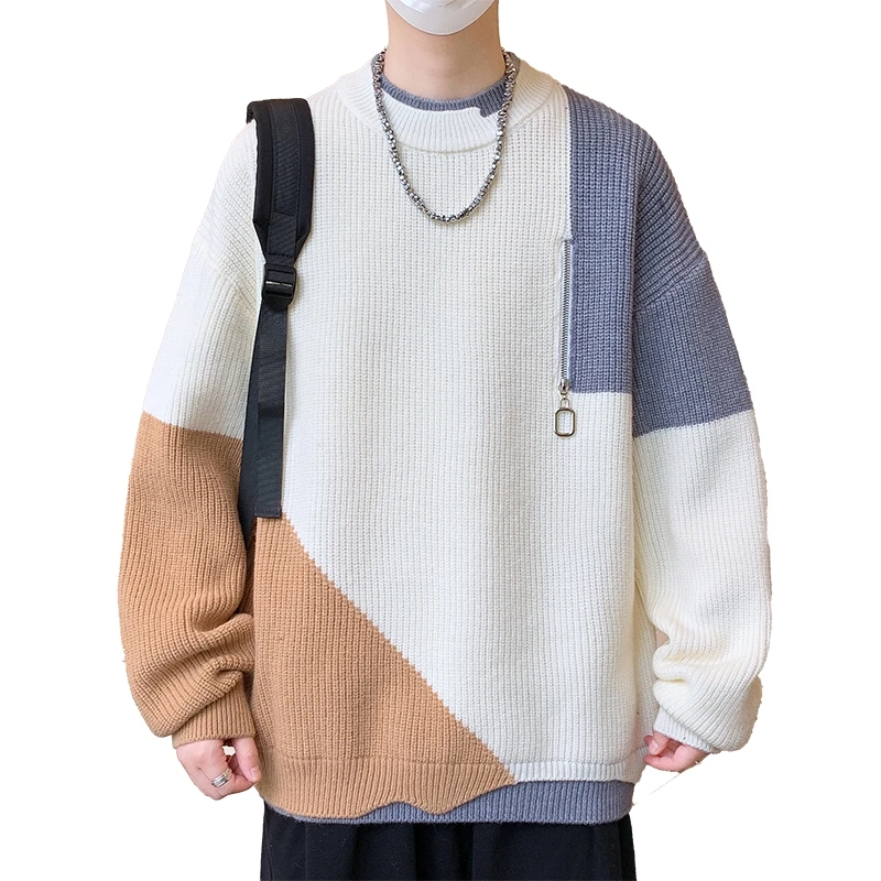 Jesienno-zimowy gruby ciepły męski sweter z dzianiny O-Neck Patchwork luźne swetry z dzianiny mężczyźni młodzieńczy witalność Streetwear