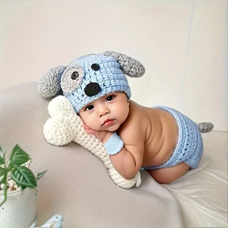 

Charming Infant Suit Set - Soft Blue Puppy Design, Ideal for Photoshoots & Holiday Gifting
