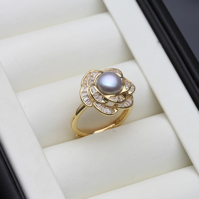 Bagues de mariage en perles d'eau douce naturelles pour femmes, bague en perles de fleurs ouvertes, taille réglable, cadeau d'anniversaire blanc noir