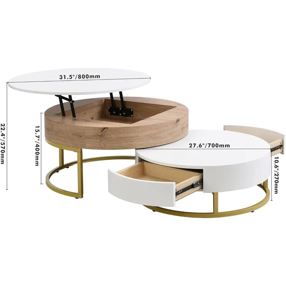 Coffee Table, Lift-Top Nested Coffee Tables with Storage Compartment & 2 Drawers, Round Cocktail Tables Center Table