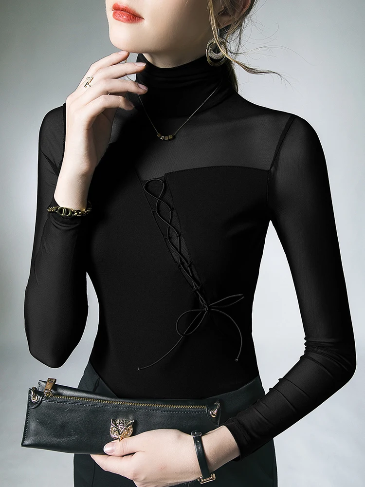 Perspective Sexy Long Sleeved T-shirt Women\'s Autumn New Mesh Spliced Strap Elastic Top Fashion Woman Blouse 2023