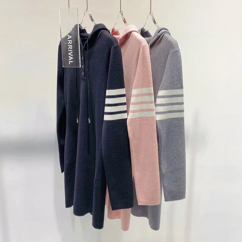 Preppy Style Mid-Length Hoodie with Drawstrings Wool Knitted Striped Slim-Fit Sheath Dress