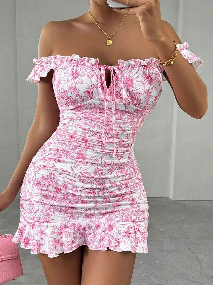 

Dresses 2025 Woman Sexy Sweet Dress Strapless Floral Simple Style Holiday Chest Wrap One Line Neck Trendy Off Shoulder Vestidos