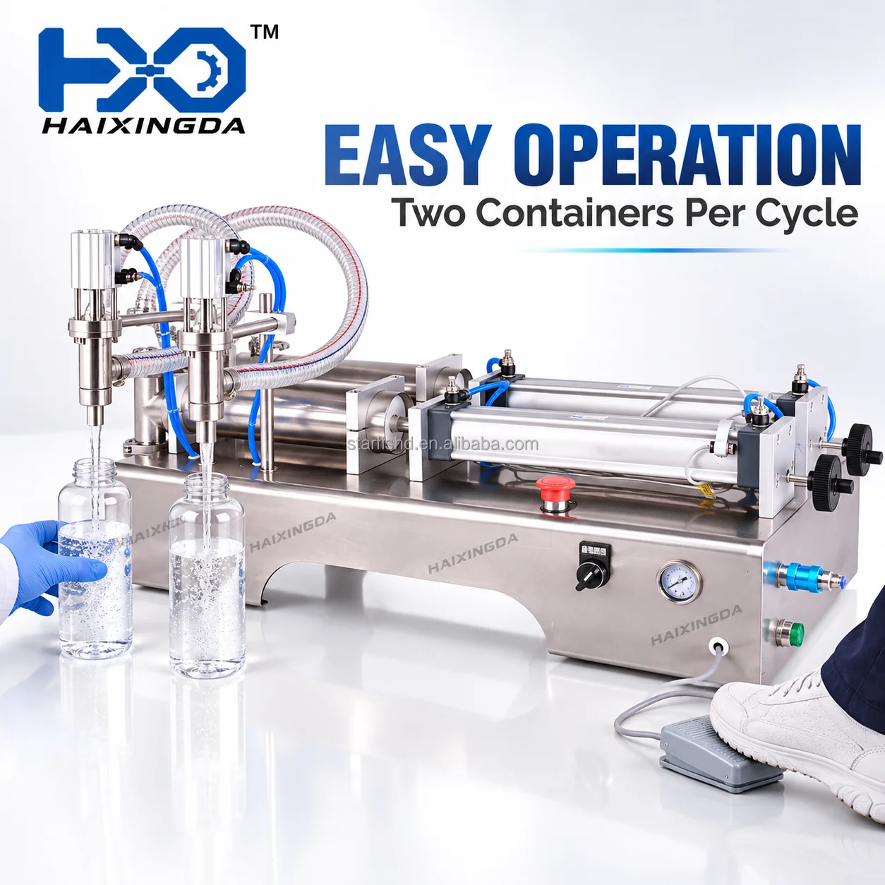 Two Nozzle Bottle Filling Machine Pneumatic Piston Equipment For Juice Beverage Cleaning Liquid And Edible Oil Containers
