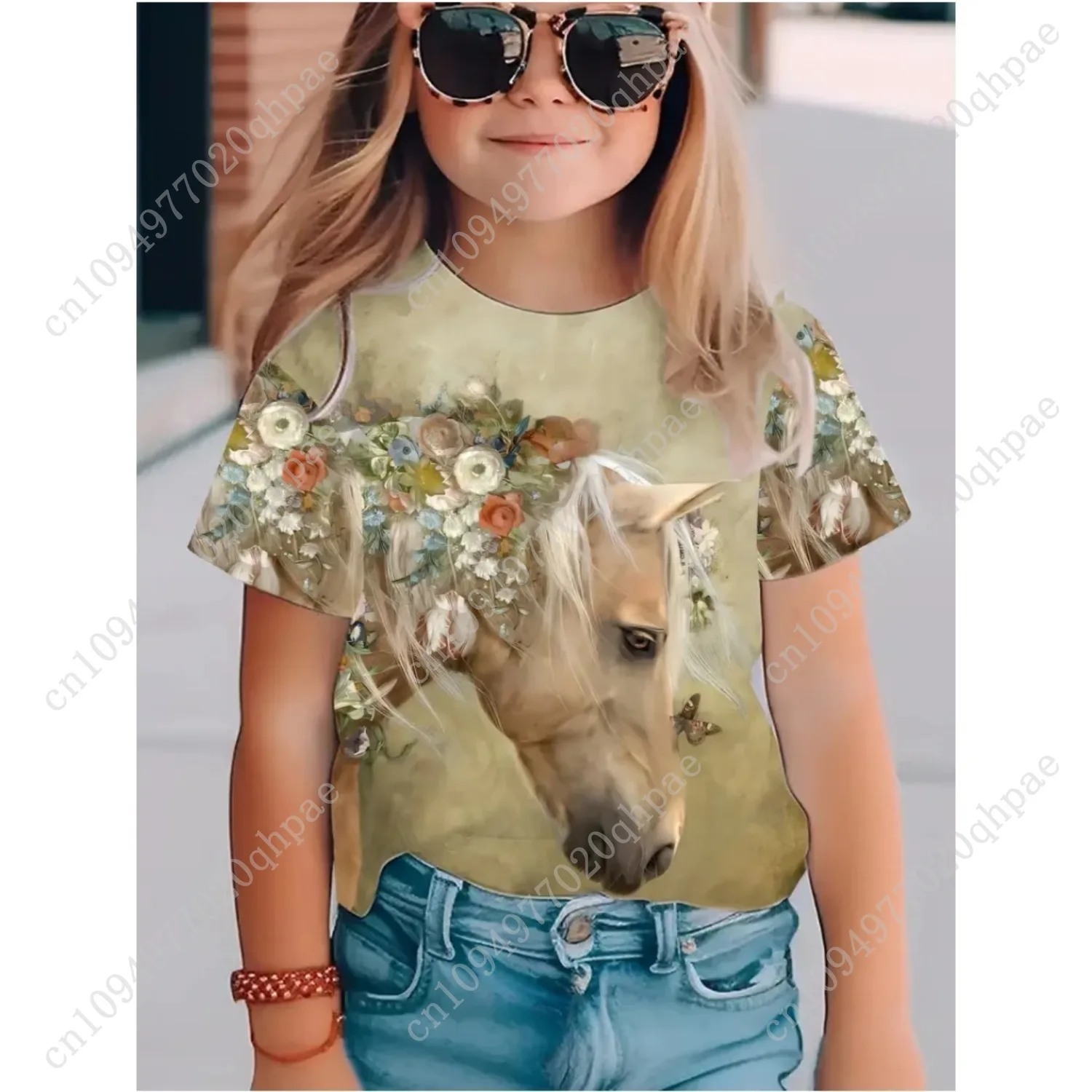 ملابس الأطفال فتاة لطيف ومضحك الحيوان الحصان 3D طباعة الجرافيك تي شيرت نمط مريح طاقم الرقبة تي شيرت كامل للفتيات #4