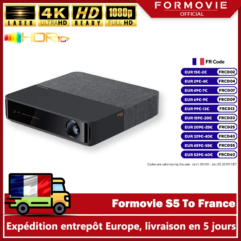 Formovie-Projecteur Laser S5 FHD 1080P 1100ANSI Lumens, Portable, Mini pour Home Cin�ma Intelligent, ALPD, Bluetooth, Cin�ma en Plein Air