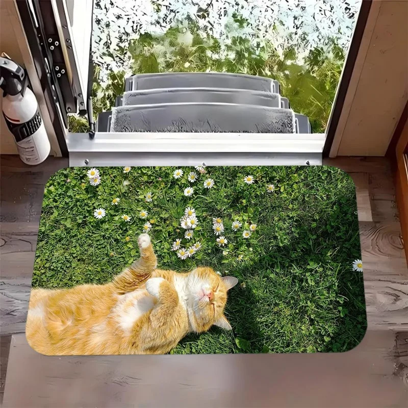 Green Grass Daisy Sleeping Orange Tabby Cat Print Doormat Anti Slip Absorbent Front Entry Mat Bedroom Kitchen Balcony Door Rug