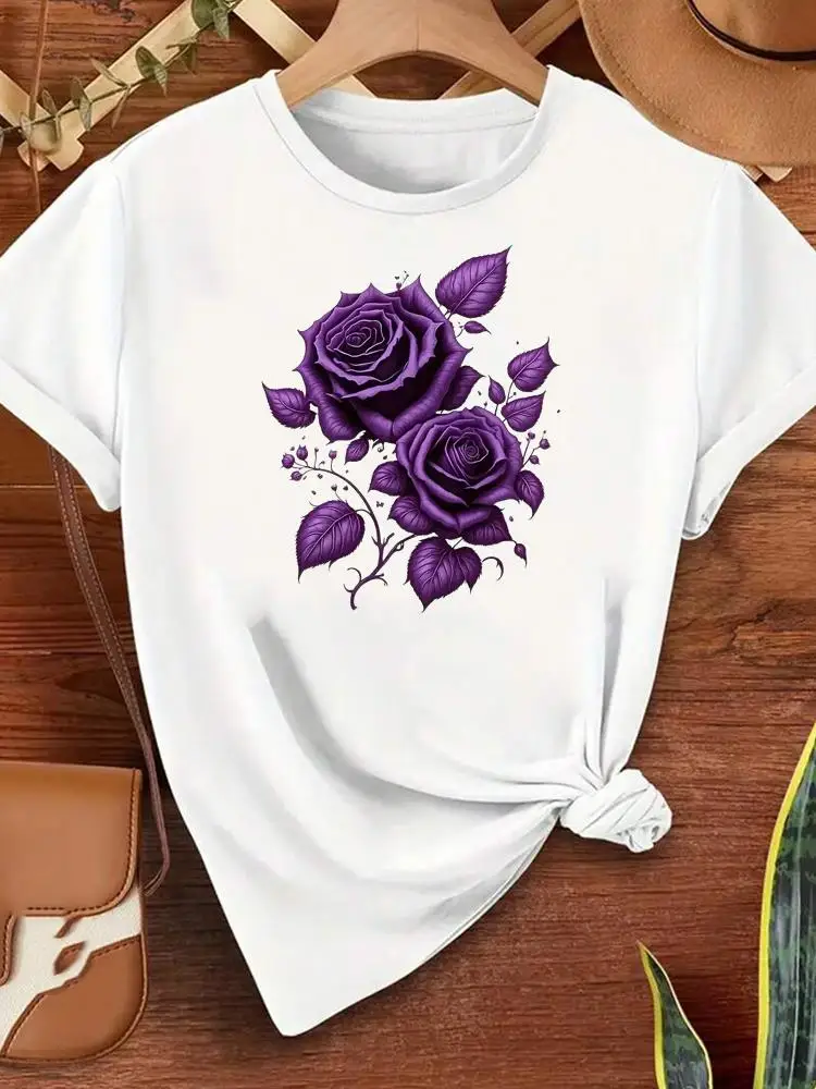 Modne słodkie kwiatowe koszulki damskie z okrągłym dekoltem, popularne, codzienne, z nadrukiem, z krótkim rękawem, odzież, moda damska, graficzne t-shirty.