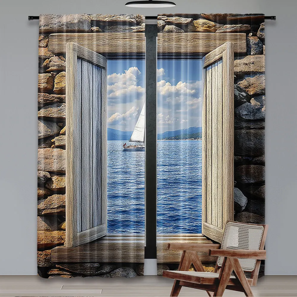 2Pcs Nautical Curtain Image Of A Sailing Boat From Window Narrow Mediterranean For Bedroom Living Room And Dining Room