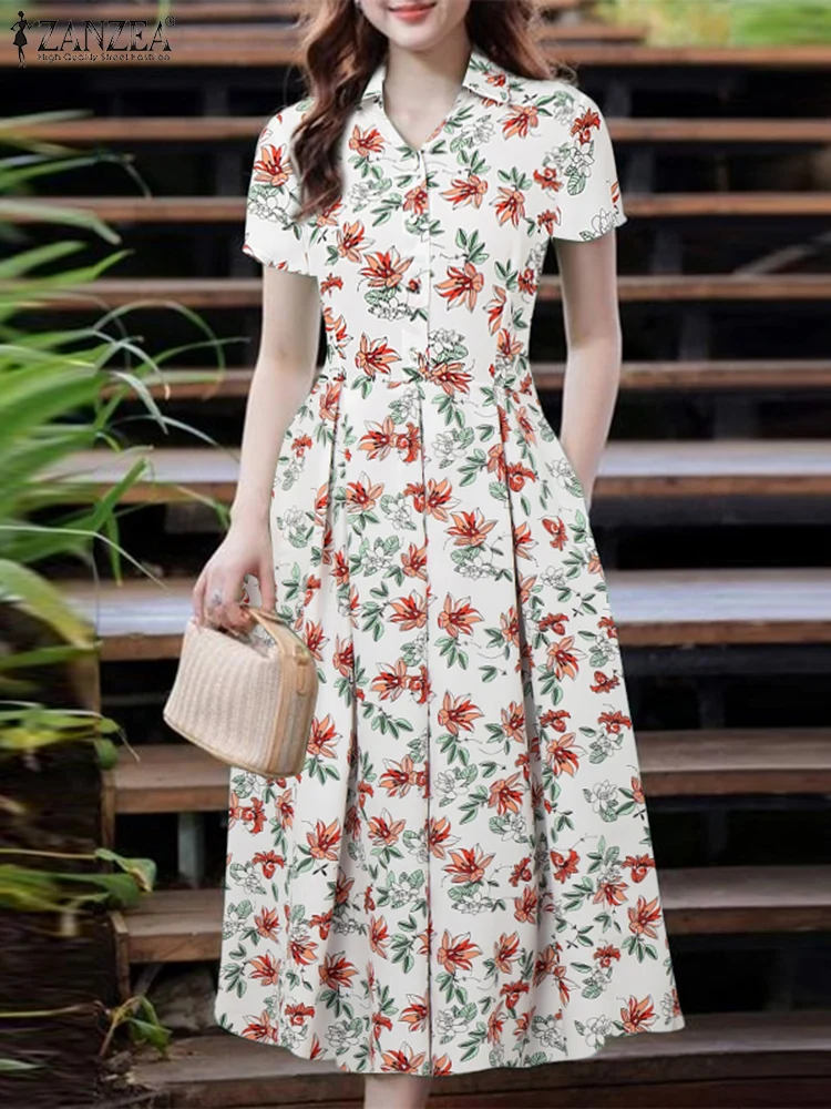 ZANZEA Bohemian Floral Printed Dress Women Summer Midi Sundress 2025 Vintage Office Ladies Vestidos Casual Lapel Neck Robe Femme