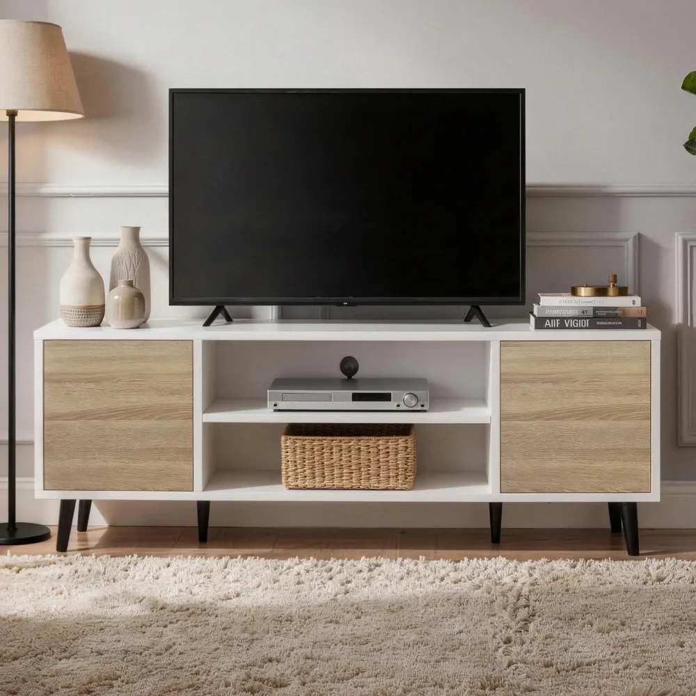 

TV Stand Fits Up To 55 , 50 Inch Entertainment Center With Storage Cabinets And Shelves For Living Room, White Gray Brown