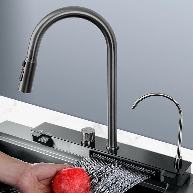 

2024 Temperature Display Piano Key Button Waterfall Smart 304 Stainless Steel Nano Pull Out Faucet Kitchen Sink Faucet Tap