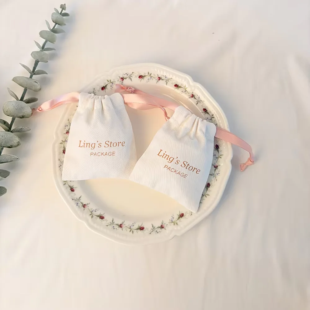 100Pcs Personalized Logo Jewelry Thick Cotton Canvas Muslin Drawstring Bag Ribbon Pouch Gift Pocket Wedding Favors For Guests
