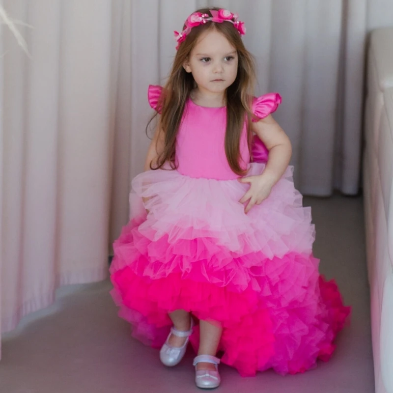 Rose Red Flower Girl Dresses Tulle Puffy With Bow Hight-Low Skirt For Wedding Birthday First Communion Gowns