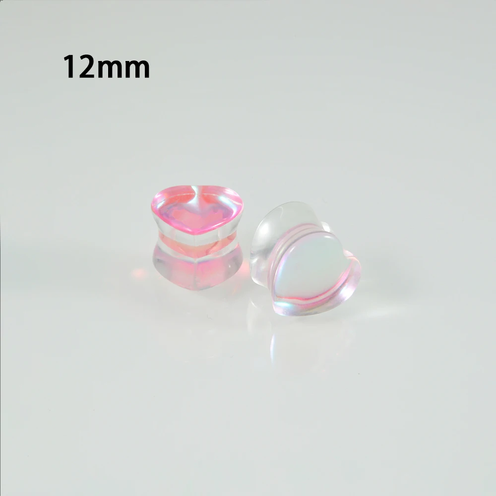 1Pair Heart Top Quality Iridescent Pink For Women Glass Double Flare Flashback  Ear Plugs Tunnel Gauge Ear Stretching Expander