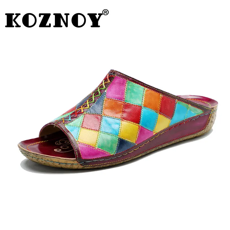 

Koznoy Luxury Slippers Women Designers 3cm Print Sheepskin Leather Ethnic Summer Flat Leisure Big Size Peep Toe Multicolor Shoes