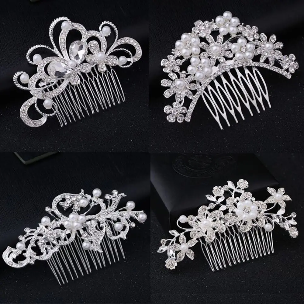 Sparkling Elegant Women Flower Hair Ornaments Bridal Fashion Jewelry Pearl Hair Comb Hairclip Diamond Hairpin
