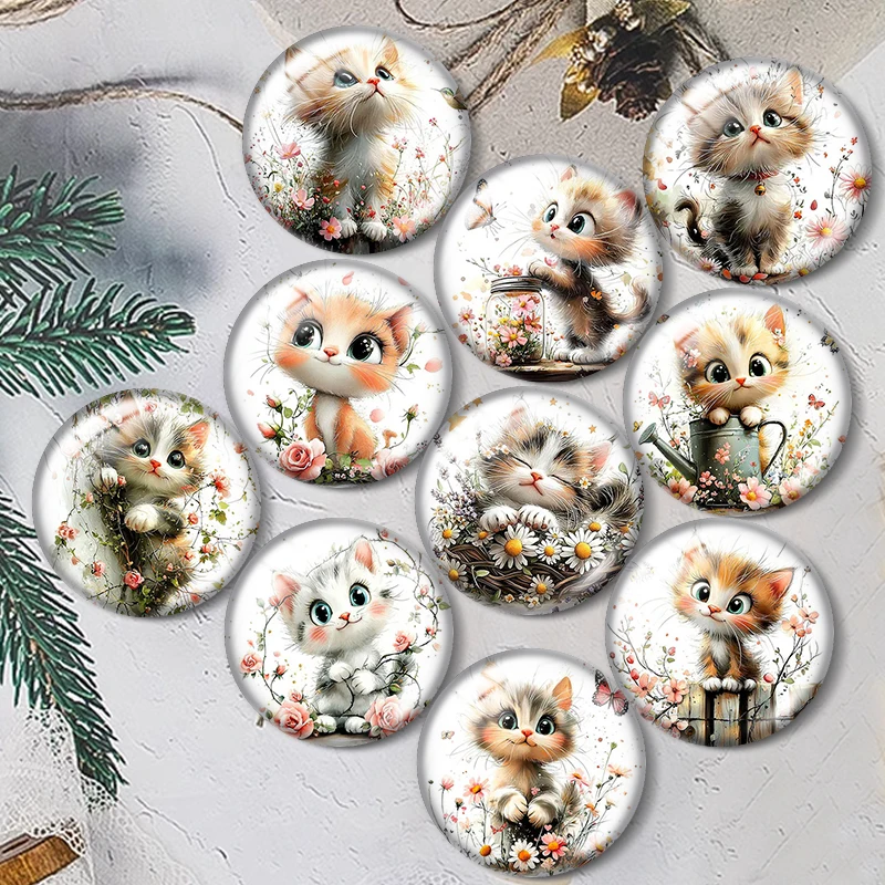 Watercolor Cute Spring Kitten 10pcs 12mm/18mm/20mm/25mm Round Photo Glass Cabochon Demo Flat Back Making Findings